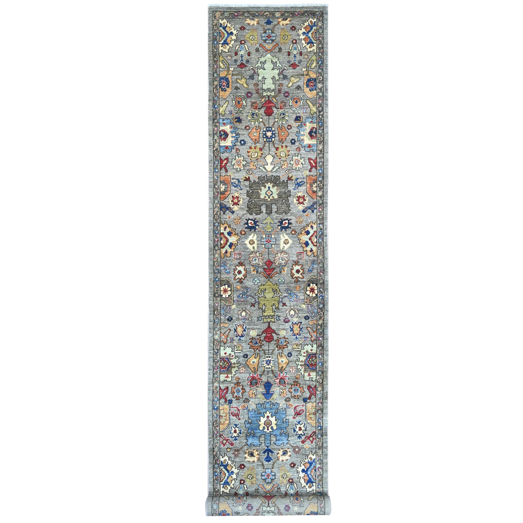 3'x19'9" Spanish Gray, Heriz All Over Design, Aryana Collection, Vegetable Dyes, Hand Knotted, Soft Pile, High Mountain Wool, Densely Woven, XL Runner, Oriental Rug 